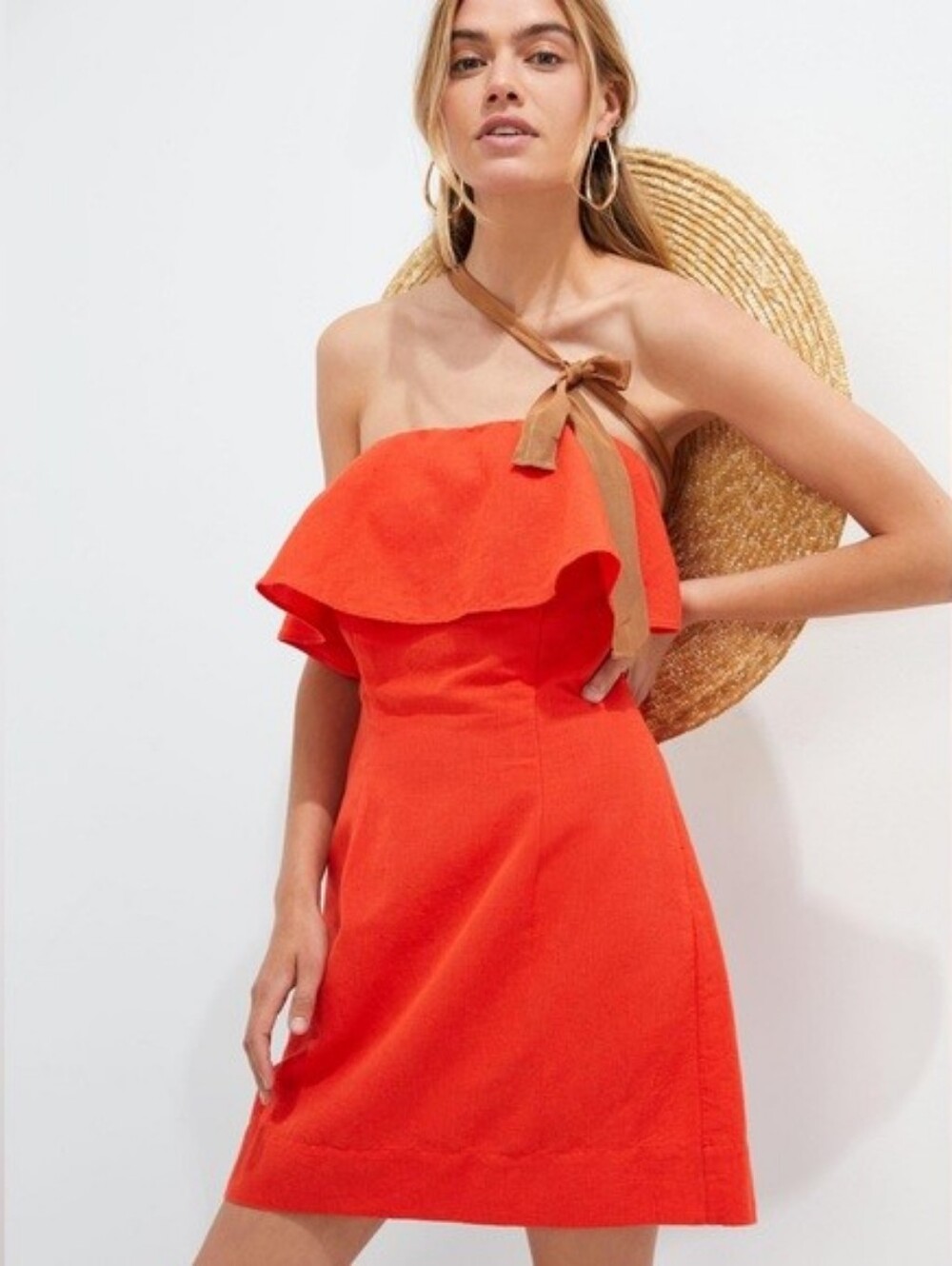 Anthropologie Forever That Girl Linen Strapless Mini Dress Ruffled Orange Size M